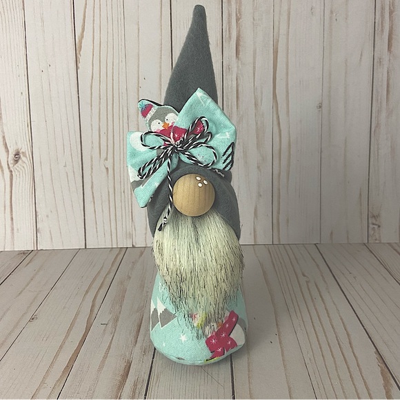 Aqua Penguin Gnome, Handmade, Wooden Nose, Winter Christmas Trees Gray Fleece - Picture 1 of 10